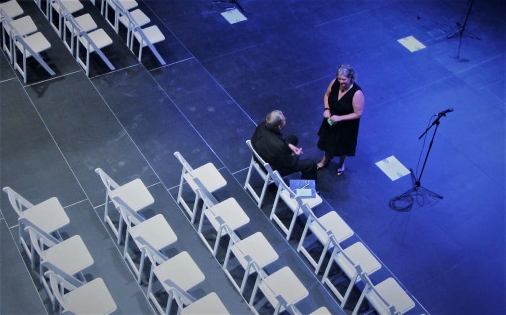 Bird's eye view of the black box theatre from high above in the lighting rig